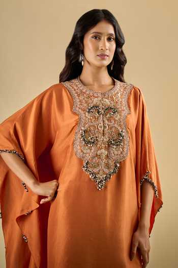 Shop Prisho Orange Round Neck Yoke Embroidered Kaftan And Pant Set Shop_Prisho_Orange Round Neck Yoke Embroidered Kaftan And Pant Set