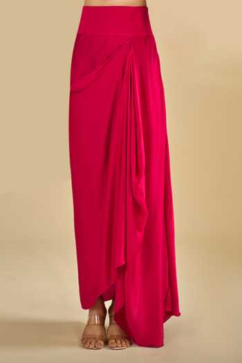 Prisho Fuchsia V-neck Neckline Embroidered Peplum Top And Skirt Set Online at Aza Fashions Prisho_Fuchsia V-neck Neckline Embroidered Peplum Top And Skirt Set _Online_at_Aza_Fashions