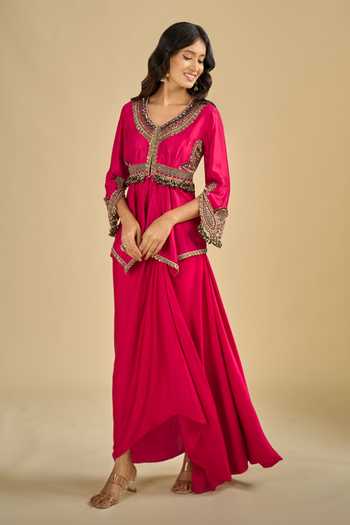Buy Prisho Fuchsia V-neck Neckline Embroidered Peplum Top And Skirt Set Online at Aza Fashions Buy_Prisho_Fuchsia V-neck Neckline Embroidered Peplum Top And Skirt Set _Online_at_Aza_Fashions