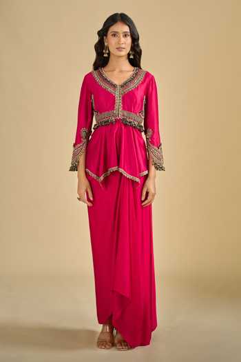 Shop Prisho Fuchsia V-neck Neckline Embroidered Peplum Top And Skirt Set Online at Aza Fashions Shop_Prisho_Fuchsia V-neck Neckline Embroidered Peplum Top And Skirt Set _Online_at_Aza_Fashions