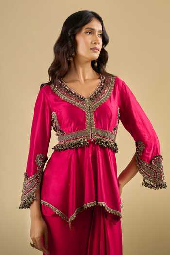 Prisho Fuchsia V-neck Neckline Embroidered Peplum Top And Skirt Set at Aza Fashions Prisho_Fuchsia V-neck Neckline Embroidered Peplum Top And Skirt Set _at_Aza_Fashions