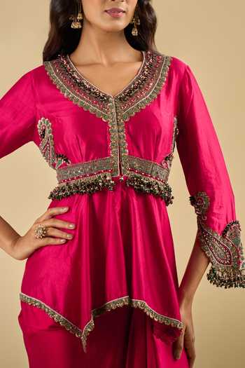 Shop Prisho Fuchsia V-neck Neckline Embroidered Peplum Top And Skirt Set Shop_Prisho_Fuchsia V-neck Neckline Embroidered Peplum Top And Skirt Set