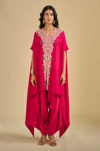 Prisho Red V-neck Dori Embroidered Kaftan And Pant Set Online at Aza Fashions Prisho_Red V-neck Dori Embroidered Kaftan And Pant Set _Online_at_Aza_Fashions