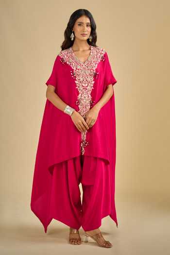 Shop Prisho Red V-neck Dori Embroidered Kaftan And Pant Set Online at Aza Fashions Shop_Prisho_Red V-neck Dori Embroidered Kaftan And Pant Set _Online_at_Aza_Fashions