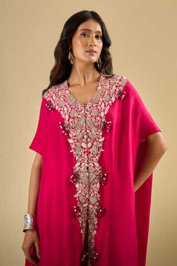 Prisho Red V-neck Dori Embroidered Kaftan And Pant Set at Aza Fashions Prisho_Red V-neck Dori Embroidered Kaftan And Pant Set _at_Aza_Fashions