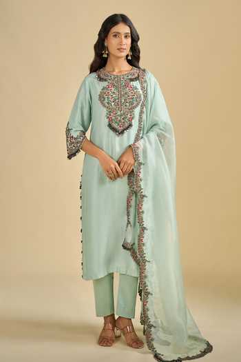Prisho_Blue Round Neck Dori Embroidered Kurta Pant Set _Online_at_Aza_Fashions