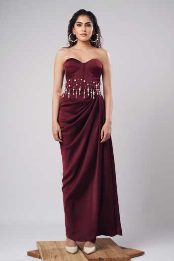 Ahi Clothing Magenta Satin Pearls Sweetheart Neck Olivia Corset Draped Skirt Set at Aza Fashions Ahi Clothing_Magenta Satin Pearls Sweetheart Neck Olivia Corset Draped Skirt Set _at_Aza_Fashions