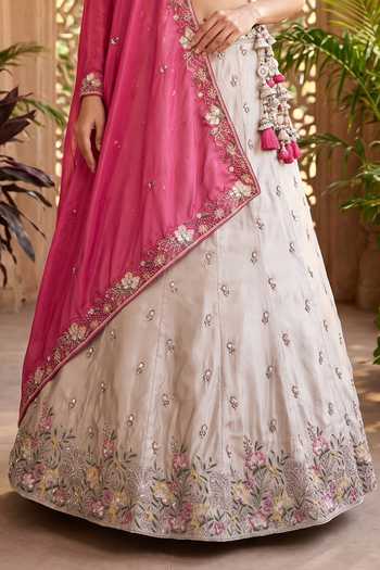 Buy_Samyukta Singhania_Grey Chiffon Scoop Neck Embroidered Lehenga Set _Online_at_Aza_Fashions