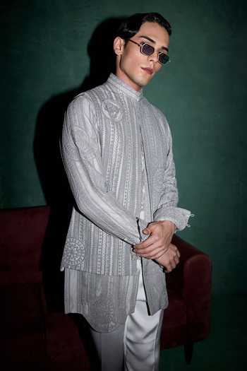 Buy Arjan Dugal Grey Organza, Satin, Muslin Dori Embroidered Nehru Jacket Set Online at Aza Fashions Buy_Arjan Dugal_Grey Organza, Satin, Muslin Dori Embroidered Nehru Jacket Set _Online_at_Aza_Fashions