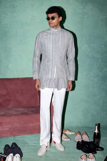 Shop Arjan Dugal Grey Organza, Satin, Muslin Dori Embroidered Nehru Jacket Set Online at Aza Fashions Shop_Arjan Dugal_Grey Organza, Satin, Muslin Dori Embroidered Nehru Jacket Set _Online_at_Aza_Fashions