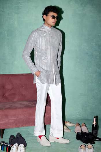 Arjan Dugal Grey Organza, Satin, Muslin Dori Embroidered Nehru Jacket Set at Aza Fashions Arjan Dugal_Grey Organza, Satin, Muslin Dori Embroidered Nehru Jacket Set _at_Aza_Fashions