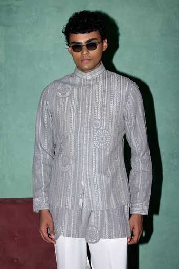 Buy Arjan Dugal Grey Organza, Satin, Muslin Dori Embroidered Nehru Jacket Set Buy_Arjan Dugal_Grey Organza, Satin, Muslin Dori Embroidered Nehru Jacket Set