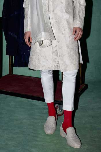 Arjan Dugal_White Organza, Muslin, Brocade, Satin Hand Work Achkan Set _Online_at_Aza_Fashions