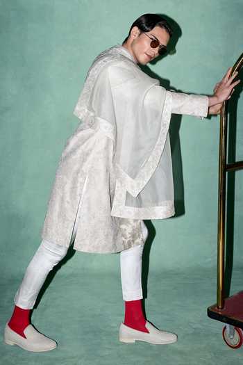 Buy_Arjan Dugal_White Organza, Muslin, Brocade, Satin Hand Work Achkan Set _Online_at_Aza_Fashions