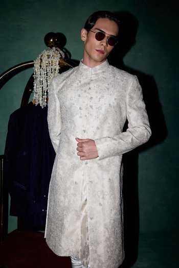 Shop_Arjan Dugal_White Organza, Muslin, Brocade, Satin Hand Work Achkan Set _Online_at_Aza_Fashions