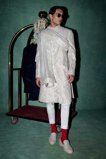 Arjan Dugal_White Organza, Muslin, Brocade, Satin Hand Work Achkan Set _at_Aza_Fashions
