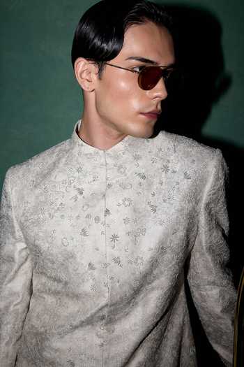 Buy_Arjan Dugal_White Organza, Muslin, Brocade, Satin Hand Work Achkan Set 