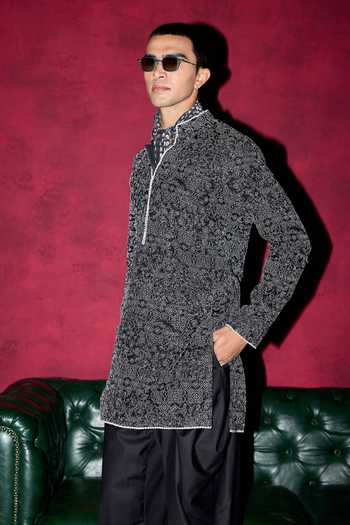Shop Arjan Dugal Black Organza, Satin, Muslin Embroidered Kurta And Dhoti Pant Set Online at Aza Fashions Shop_Arjan Dugal_Black Organza, Satin, Muslin Embroidered Kurta And Dhoti Pant Set _Online_at_Aza_Fashions