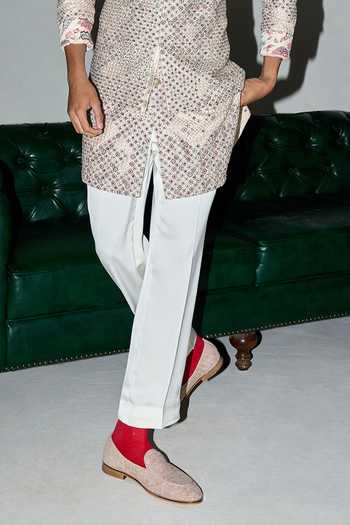 Arjan Dugal White Chanderi, Satin Embroidery Resham Work Bundi Pant Set Online at Aza Fashions Arjan Dugal_White Chanderi, Satin Embroidery Resham Work Bundi Pant Set _Online_at_Aza_Fashions