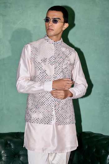 Buy Arjan Dugal Pink Chanderi, Satin Embroidery Bundi Pant Set Online at Aza Fashions Buy_Arjan Dugal_Pink Chanderi, Satin Embroidery Bundi Pant Set _Online_at_Aza_Fashions