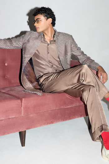 Arjan Dugal Brown Silk, Chanderi, Satin Embroidered Achkan Kurta Set Online at Aza Fashions Arjan Dugal_Brown Silk, Chanderi, Satin Embroidered Achkan Kurta Set _Online_at_Aza_Fashions