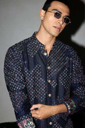Buy Arjan Dugal Blue Chanderi, Satin Resham Work Kurta Set Online at Aza Fashions Buy_Arjan Dugal_Blue Chanderi, Satin Resham Work Kurta Set _Online_at_Aza_Fashions