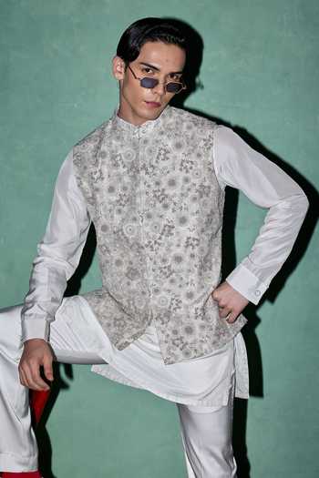 Arjan Dugal Off White Silk, Organza, Satin, Brocade Embroidery Bloom Bundi Set Online at Aza Fashions Arjan Dugal_Off White Silk, Organza, Satin, Brocade Embroidery Bloom Bundi Set _Online_at_Aza_Fashions