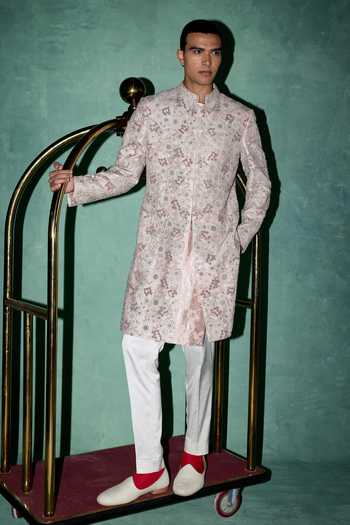 Buy_Arjan Dugal_Pink Silk, , Organza, Satin, Satin, Resham Embroidered Sherwani Set _Online_at_Aza_Fashions