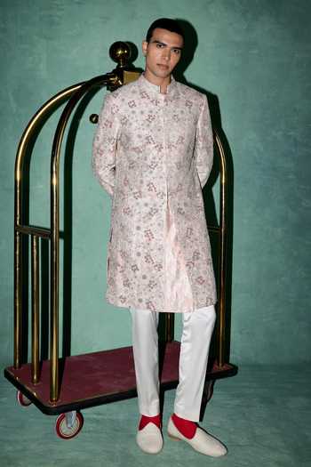 Shop_Arjan Dugal_Pink Silk, , Organza, Satin, Satin, Resham Embroidered Sherwani Set _Online_at_Aza_Fashions