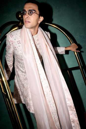 Arjan Dugal_Pink Silk, , Organza, Satin, Satin, Resham Embroidered Sherwani Set _at_Aza_Fashions