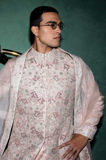 Shop_Arjan Dugal_Pink Silk, , Organza, Satin, Satin, Resham Embroidered Sherwani Set 