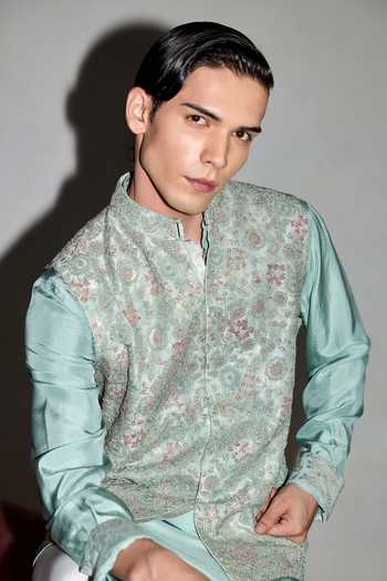 Arjan Dugal Green Silk, Organza, Satin, Brocade Bloom Embroidered Bundi And Kurta Set Online at Aza Fashions Arjan Dugal_Green Silk, Organza, Satin, Brocade Bloom Embroidered Bundi And Kurta Set _Online_at_Aza_Fashions