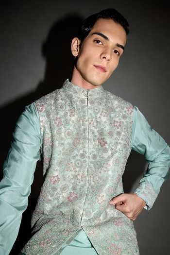 Buy Arjan Dugal Green Silk, Organza, Satin, Brocade Bloom Embroidered Bundi And Kurta Set Online at Aza Fashions Buy_Arjan Dugal_Green Silk, Organza, Satin, Brocade Bloom Embroidered Bundi And Kurta Set _Online_at_Aza_Fashions