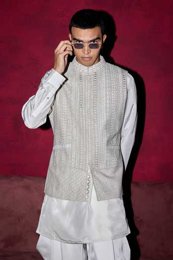 Buy Arjan Dugal Blue Silk, Organza, Satin, Brocade Chikankari And Dori Work Bundi Set Online at Aza Fashions Buy_Arjan Dugal_Blue Silk, Organza, Satin, Brocade Chikankari And Dori Work Bundi Set _Online_at_Aza_Fashions