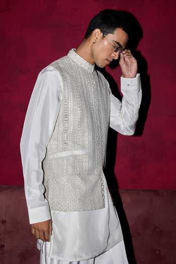 Shop Arjan Dugal Blue Silk, Organza, Satin, Brocade Chikankari And Dori Work Bundi Set Online at Aza Fashions Shop_Arjan Dugal_Blue Silk, Organza, Satin, Brocade Chikankari And Dori Work Bundi Set _Online_at_Aza_Fashions