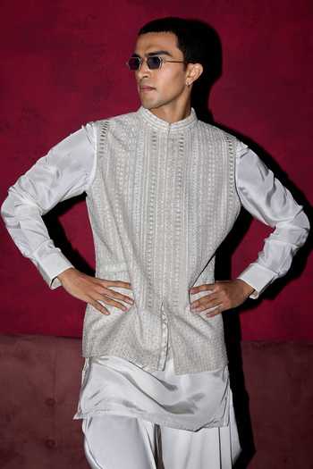 Arjan Dugal Blue Silk, Organza, Satin, Brocade Chikankari And Dori Work Bundi Set at Aza Fashions Arjan Dugal_Blue Silk, Organza, Satin, Brocade Chikankari And Dori Work Bundi Set _at_Aza_Fashions