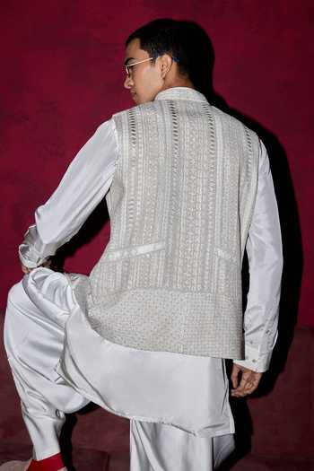 Shop Arjan Dugal Blue Silk, Organza, Satin, Brocade Chikankari And Dori Work Bundi Set Shop_Arjan Dugal_Blue Silk, Organza, Satin, Brocade Chikankari And Dori Work Bundi Set
