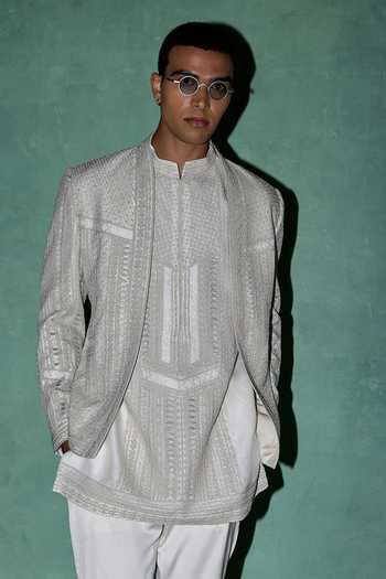 Arjan Dugal Off White Organza, Satin, Brocade Chikankari And Dori Work Kurta Set Online at Aza Fashions Arjan Dugal_Off White Organza, Satin, Brocade Chikankari And Dori Work Kurta Set _Online_at_Aza_Fashions