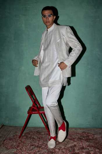 Arjan Dugal Off White Organza, Satin, Brocade Chikankari And Dori Work Kurta Set at Aza Fashions Arjan Dugal_Off White Organza, Satin, Brocade Chikankari And Dori Work Kurta Set _at_Aza_Fashions