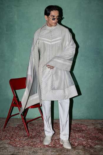Buy Arjan Dugal Off White Organza, Satin, Brocade Baroque Embroidered Achkan Set Online at Aza Fashions Buy_Arjan Dugal_Off White Organza, Satin, Brocade Baroque Embroidered Achkan Set _Online_at_Aza_Fashions