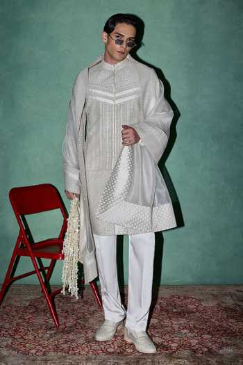 Shop Arjan Dugal Off White Organza, Satin, Brocade Baroque Embroidered Achkan Set Online at Aza Fashions Shop_Arjan Dugal_Off White Organza, Satin, Brocade Baroque Embroidered Achkan Set _Online_at_Aza_Fashions