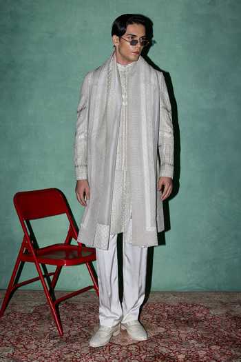 Arjan Dugal Off White Organza, Satin, Brocade Baroque Embroidered Achkan Set at Aza Fashions Arjan Dugal_Off White Organza, Satin, Brocade Baroque Embroidered Achkan Set _at_Aza_Fashions