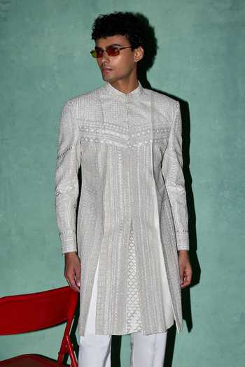 Arjan Dugal Off White Organza, Brocade Baroque Embroidered Ackhan Online at Aza Fashions Arjan Dugal_Off White Organza, Brocade Baroque Embroidered Ackhan _Online_at_Aza_Fashions