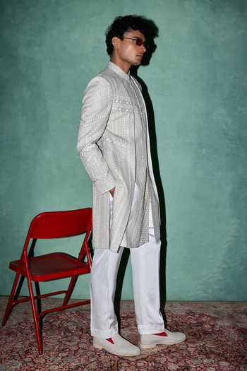 Shop Arjan Dugal Off White Organza, Brocade Baroque Embroidered Ackhan Online at Aza Fashions Shop_Arjan Dugal_Off White Organza, Brocade Baroque Embroidered Ackhan _Online_at_Aza_Fashions