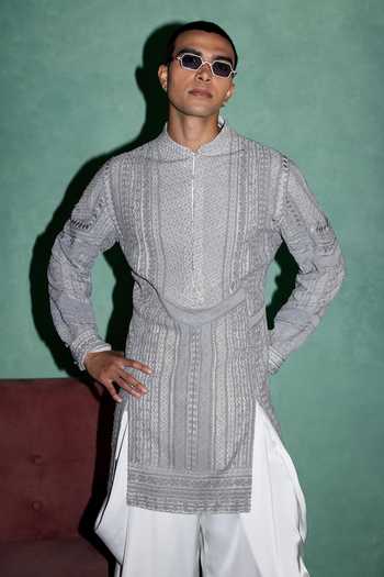 Buy Arjan Dugal Grey Georgette, Satin Baroque Embroidered Kurta And Pant Set Online at Aza Fashions Buy_Arjan Dugal_Grey Georgette, Satin Baroque Embroidered Kurta And Pant Set _Online_at_Aza_Fashions