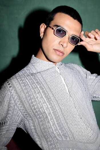 Shop Arjan Dugal Grey Georgette, Satin Baroque Embroidered Kurta And Pant Set Online at Aza Fashions Shop_Arjan Dugal_Grey Georgette, Satin Baroque Embroidered Kurta And Pant Set _Online_at_Aza_Fashions