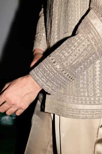 Arjan Dugal Gold Silk, Organza, Satin, Brocade Chikankari And Dori Work Bandhgala Set Online at Aza Fashions Arjan Dugal_Gold Silk, Organza, Satin, Brocade Chikankari And Dori Work Bandhgala Set _Online_at_Aza_Fashions