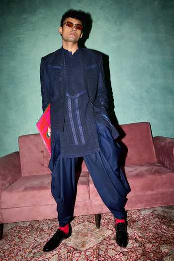 Arjan Dugal Blue Silk, Organza, Satin, Brocade Chikankari And Dori Work Jacket Set Online at Aza Fashions Arjan Dugal_Blue Silk, Organza, Satin, Brocade Chikankari And Dori Work Jacket Set _Online_at_Aza_Fashions
