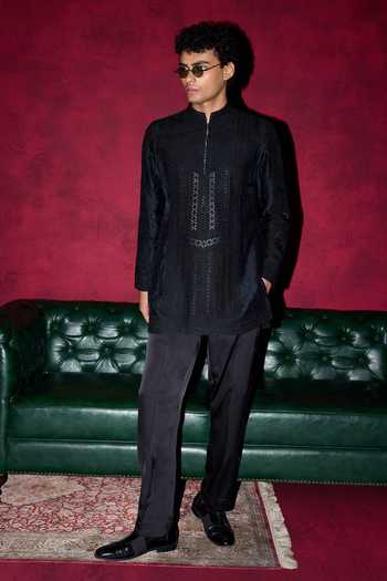 Arjan Dugal Black Organza, Satin, Muslin, Brocade Baroque Embroidered Kurta Pant Set Online at Aza Fashions Arjan Dugal_Black Organza, Satin, Muslin, Brocade Baroque Embroidered Kurta Pant Set _Online_at_Aza_Fashions
