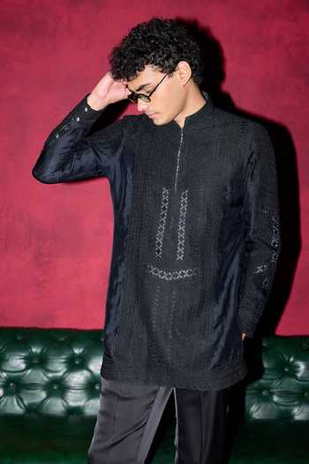Shop Arjan Dugal Black Organza, Satin, Muslin, Brocade Baroque Embroidered Kurta Pant Set Online at Aza Fashions Shop_Arjan Dugal_Black Organza, Satin, Muslin, Brocade Baroque Embroidered Kurta Pant Set _Online_at_Aza_Fashions